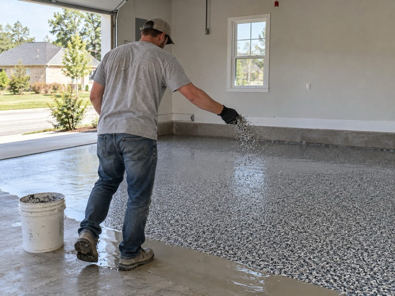 Installer tossing decorative flakes from a bucket onto a wet base coat in a garage
