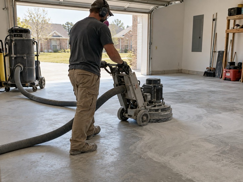 Worker in ear protection pushing a floor grinder connected to a dust vacuum across a bare garage slab